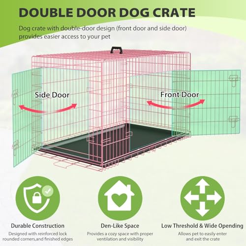 Image of BestPet Dog Crate 42 inch Foldable Metal Kennel with Double Doors,Pastel Pink