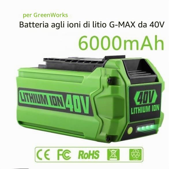Batteria di ricambio per Greenworks 40 V G-MAX 6.0 Ah Li-ion batteria, compatibile con utensili elettrici 29472 29462 2901319 25302 24322 (6000 mAh, confezione da 1