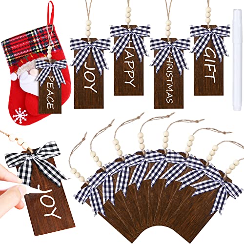 12 Pieces Christmas Stocking Name Tags Personalized Stocking Tag Rustic Country Stocking Tag Farmhouse Xmas Hanging Tag with Wood Bead White Black Buffalo Plaid Bow for Winter Decor (Natural Style)