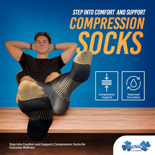 MCNICK & COMPANY Men's Copper Compression Socks (3 Pairs, Black) 20-30 mmhg size 10-13 big and tall knee high great for air travel3