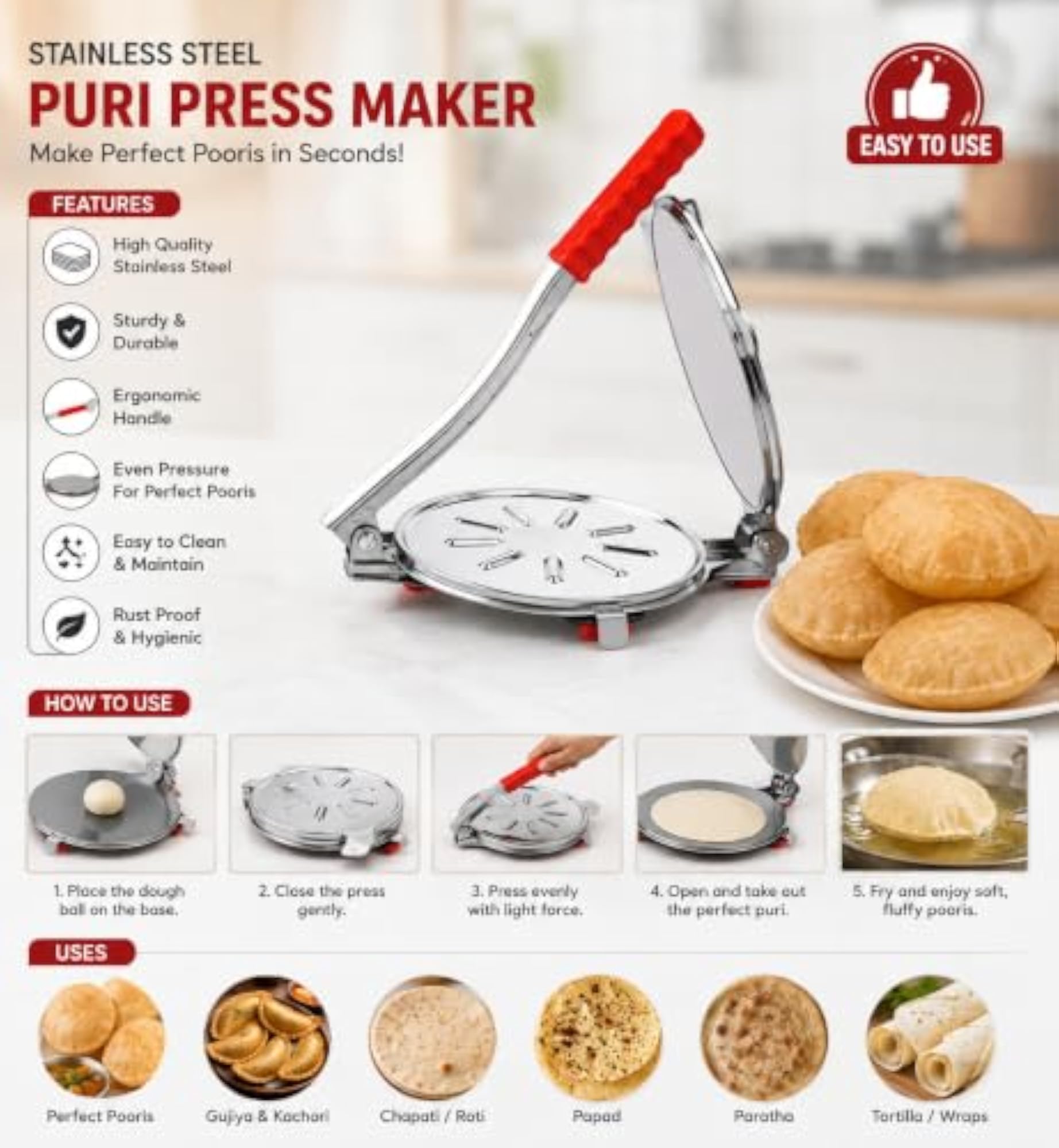 Stainless Steel Puri Maker and Dough Press