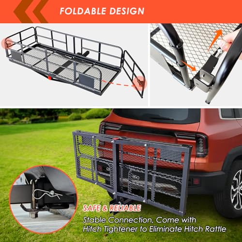 MeeFar High Rail Trailer Folding Hitch Mount Cargo Carrier Basket 60" X 24" X 14"+Waterproof Cargo Bag 20 cu ft(59" 24" 24"), Capacity of 500 Lbs with Hitch Stabilizer, Net, Lock and Straps
