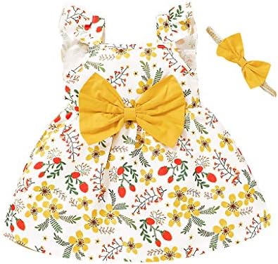 heavKin-Clothes Girl's Summeer Dress Fly Sleeve Sunflower Floral Print Princess Skirt +Headbands,for 3M-3T Toddler Baby (White, 100)
