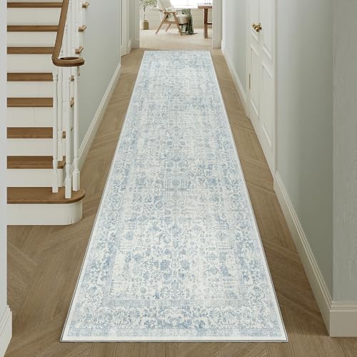 PureCozy Blue Runner Rug 3x14 Hallway Machine Washable Kitchen Vintage Distressed Non Slip Long Carpet Indoor Retro Floral Bedroom Accent Throw Rug for Bathroom Office Laundry Dining Living
