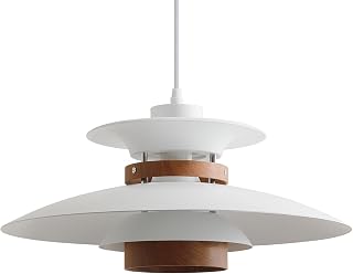 EFINEHOME Modern Decor Adjustable Pendant Lamp Kitchen Island, Aluminum and Wood Finish,1-Light E26 Base Ceiling Hanging Light for Dining Room Shop Restaurant (White+Dark Wood Grain, 40cm)