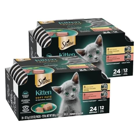 Sheba Perfect Portions Kitten Wet Cat Food Pate Chicken Entree and Salmon Entree, 2.6 oz. Twin-Pack Trays (12 Count, 24 Servings) (Pack of 2) Cover