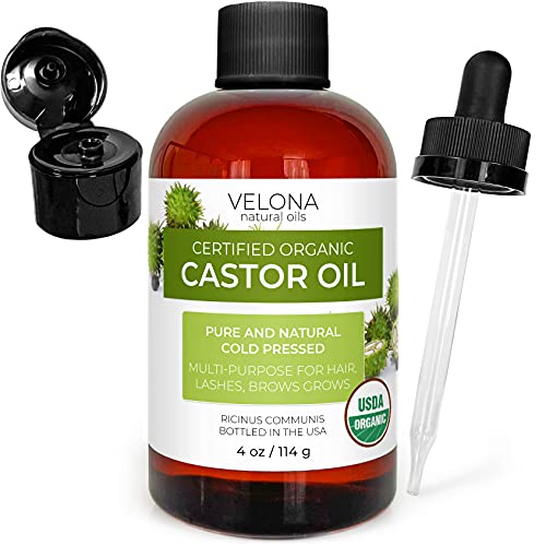 Velona USDA Certified Organic Castor Oil - 4 oz (With Dropper) | For Hair Growth, Boost Eyelashes, Eyebrows | Cold pressed, Natural Oil USP Grade | Hexane Free, Lash Growth Serum, Caster Oil, Cap Kit
