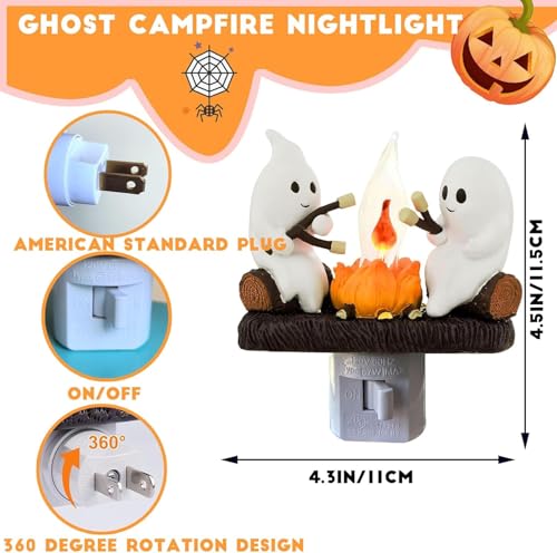 Image of Ghost Campfire Flickering NightLight, Ghosts Campfire Flicker Flame Halloween Nightlight, 3D LED Small Electric Faux Campfire Night Light, Spooky Fire Marshmallow Night Light Halloween Gifts (1)
