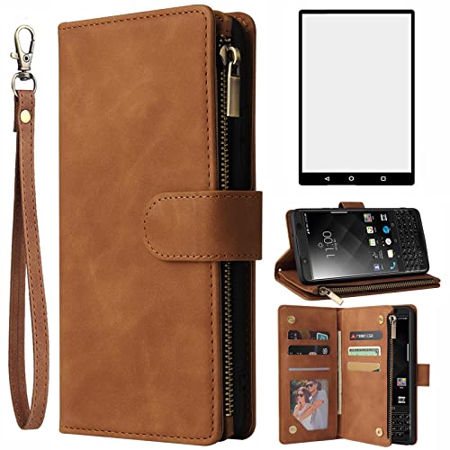 Asuwish Coque pour BlackBerry KEYone Portefeuille avec Verre Trempé et Porte Carte Chaine PU Cuir à Clapet Étui Housse Support KEY1 KEY 1 One Vitre...