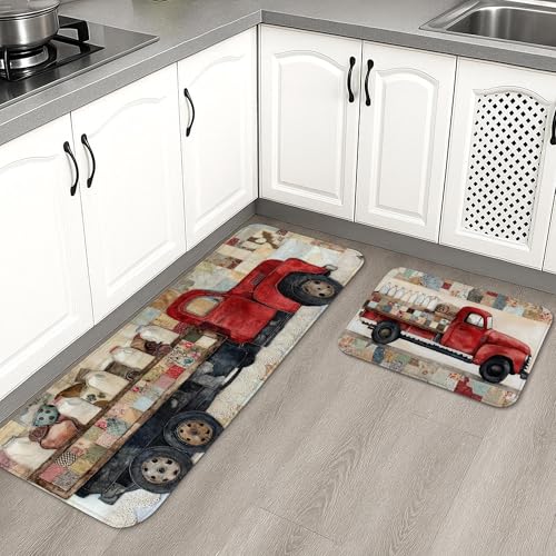 Vintage Red Truck Kitchen Mats for Floor, Rustic Farmhouse Style Non-Slip Mats, Soft Cushioned Washable Decor Rugs for Kitchen Sinks and Laundry Room 2PCS