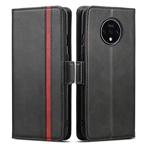 Rssviss Hülle für OnePlus 7T Handyhülle, OnePlus 7T PU Leder Case 4 Kartenfächer für Karten und Wechselgeld mit Magnetverschluss Handy Ständer OnePlus 7T Hülle Magnet 6,5 Zoll Schwarz Cover