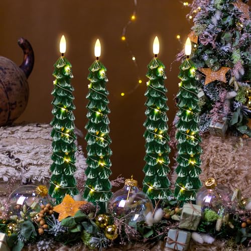 Image of GenSwin Christmas Tree Flameless Taper Candles candlesticks Remote Timer | Green,String Lights, Battery Operated Led Candle, Christmas Home Winter Decoration, 4 Pack, 0.78 inch x 9.8 inch