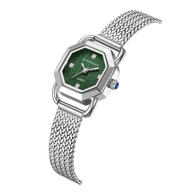 Image of Giordano Analog Quartz Watch for Women with Octagonal Textured Dial, Crystal Hours Markers, Blue Crown and Mesh Metal Strap