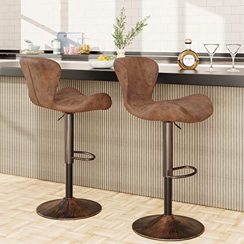 Keyluv Bar Stools Set Of 2 Adjustable Swivel Counter Height Barstools Bar Chairs With Backrest And Metal Frame Modern Pu Leather Barstool Chairs For Kitchen Bistro Pub, Retro Brown #TOP4