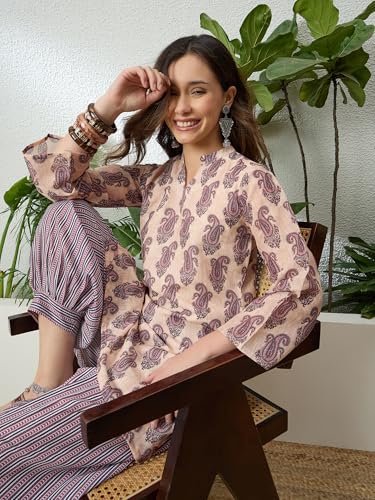 Image of EthnicJunction Women's Linen Floral Print Summer Wear Straight Short Kurti With Afghani Pant Set | Co Ord Set for Women Stylish | Fusion wear Women