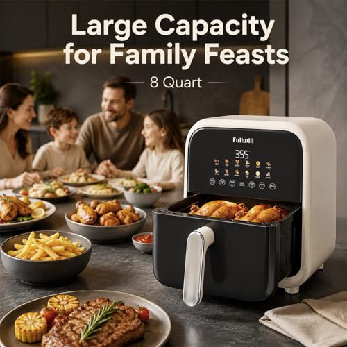 Image of Fullwill Air Fryer with Visible Window, 7.5QT,12-in-1 Multi-Function Air Fry,Roast,Bake, Dehydrate, Fries,Nonstick and Dishwasher-Safe Basket,Family&friends Party,1700W,White