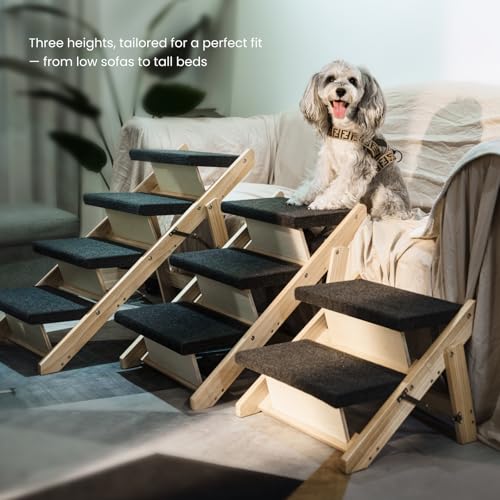 MEWANG Wood Pet Stairs & Ramp for Small/Medium Dogs and Cats, Aging Pets – 3-in-1 Foldable, Portable, Non-Slip Pet Ladder for Tall Beds, Couches,Cars–Holds Up to 220 lbs (31.5" L x 17.2" W x 25.0" H)
