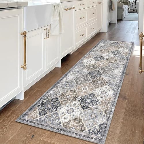 KILOCOCO 2x6 Runner Rug, Moroccan Super Soft Washable Hallway Runner Rug, Accent Print Faux Wool Kitchen Runner Rug 6 Feet Non-Slip Boho Rug Runner for Laundry Room Bedroom, Greenish Gray Beige