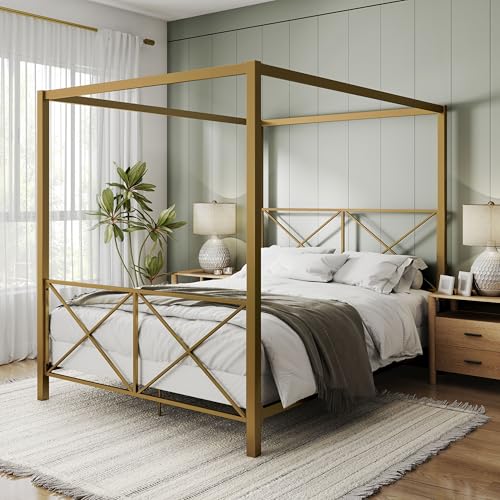 Furniture of America Rosedale Modern Metal Canopy Bed Frame with Four Poster Design and Geometric Accented Headboard and Footboard, Box Spring Required, Queen, Gold