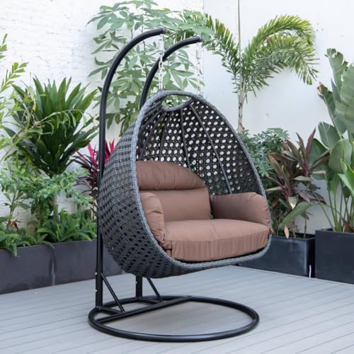 Image of Double Seater Hammock Swing Chair with Stand & Cushion | Heavy Duty Powder Coated Steel Frame | Outdoor Indoor Hanging Swing for Patio Balcony Garden Terrace Living Room (Grey-Brown)