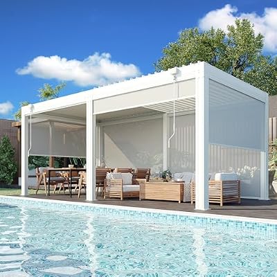 EROMMY 10x20 Louvered Pergola with Side Pull-Down Screen, Outdoor Aluminum Pergola with Thickened Frame and Adjustable Metal Rainproof Roof for Deck Patio Garden Yard, White