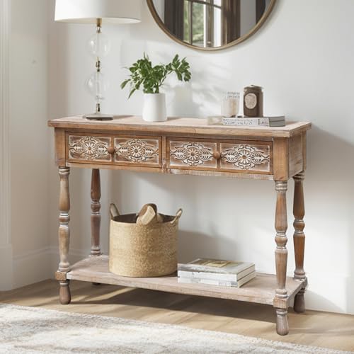 PARISLOFT Vintage Wood End Table with 2 Drawers and 1 Bottom Shelf,Rustic Console Table Storage, Accent Entryway Table Furniture,Antique Brown,42”Wx32”H