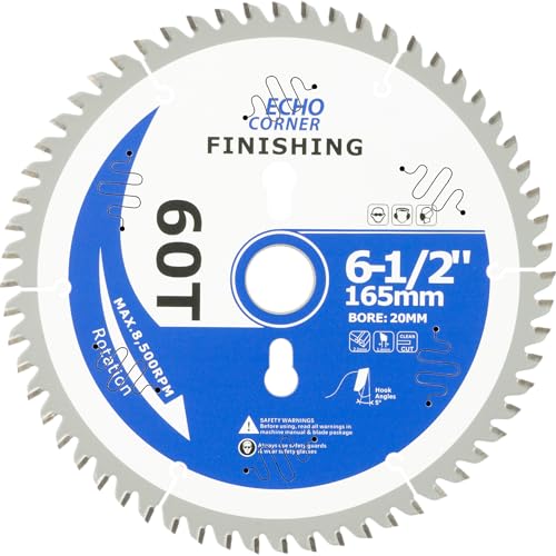 Echo Corner 6-1/2 Inch (20mm Arbor) Plunge Track Saw Blade, 16mm & 1/2" Arbor Ring, Non-Stick Coating, 60-Tooth, Fine Finish Crosscut Framing Wood Plywood Plastic Veneer Wet Lumber Laminate (Classic)