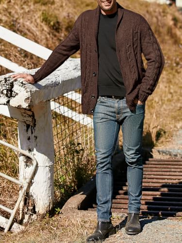 Makkrom Mens Cardigan Shawl Collar Sweater Button Up Slim Fit Cable Knit Long Sleeve Sweater Brown thumb #3
