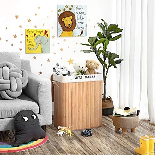 SONGMICS 100L (62.5 x 52 x 32 cm) laundry basket bamboo foldable laundry box with 2 compartments laundry basket with removable laundry bag., Bamboo, natural, LCB64Y
