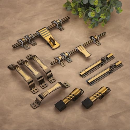 Image of COMPASS D-Cut Stainless Steel Heavy Double Door Fitting Accessories Full Set /Kit (1 Aldrop, 1 Latch, 4 Handles, 2 Tower Bolt and 2 Door Stopper | 12 inch | Vintage Finish