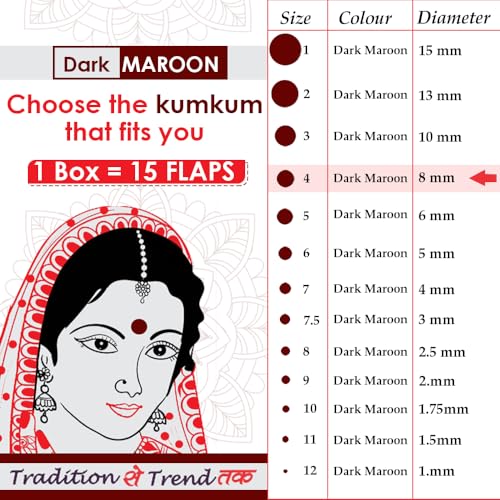 Image of PERPAA Kumkum Velvet Round Sticker Bindi Box of 15 Flaps for Ladies Women Forehead Bindi (Stick On) (Size 4, Diameter 8mm, Dark Maroon)-Self-Adhesive