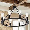 lighceac Black Farmhouse Wagon Wheel Chandelier 8-Light 23.6'' Vintage Industrial Round Hanging Ceiling Pendant Light Fixture for Kitchen Island Living Dining Room Bedroom Hallway Entryway Foyer