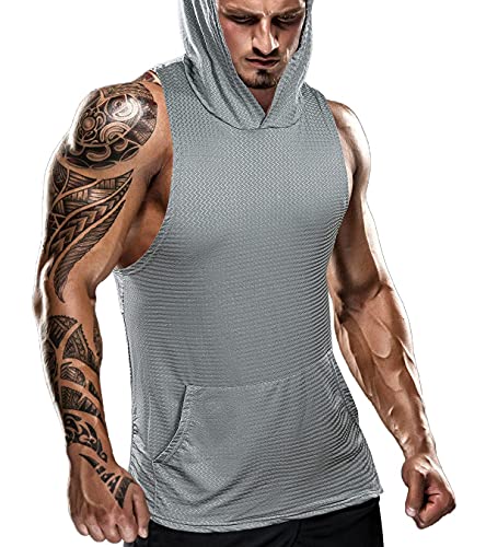 We1Fit Men s Workout Sleeveless Hoodie Gym Bodybuilding Hooded Tank Top with Pocket Grey