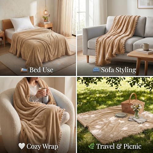 Image of SANMARINO 250 GSM Flannel Blanket for Single Bed | Ultra Soft Velvet Touch Throw Blanket with Decorative Pom Pom Fringe | Lightweight & Breathable All-Season /Mild Winter -152x228 cm,Pink