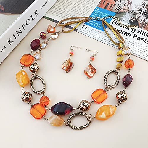 image for Bocar 2 Strand Statement Choker Shell Necklace and Earring Set for Wom