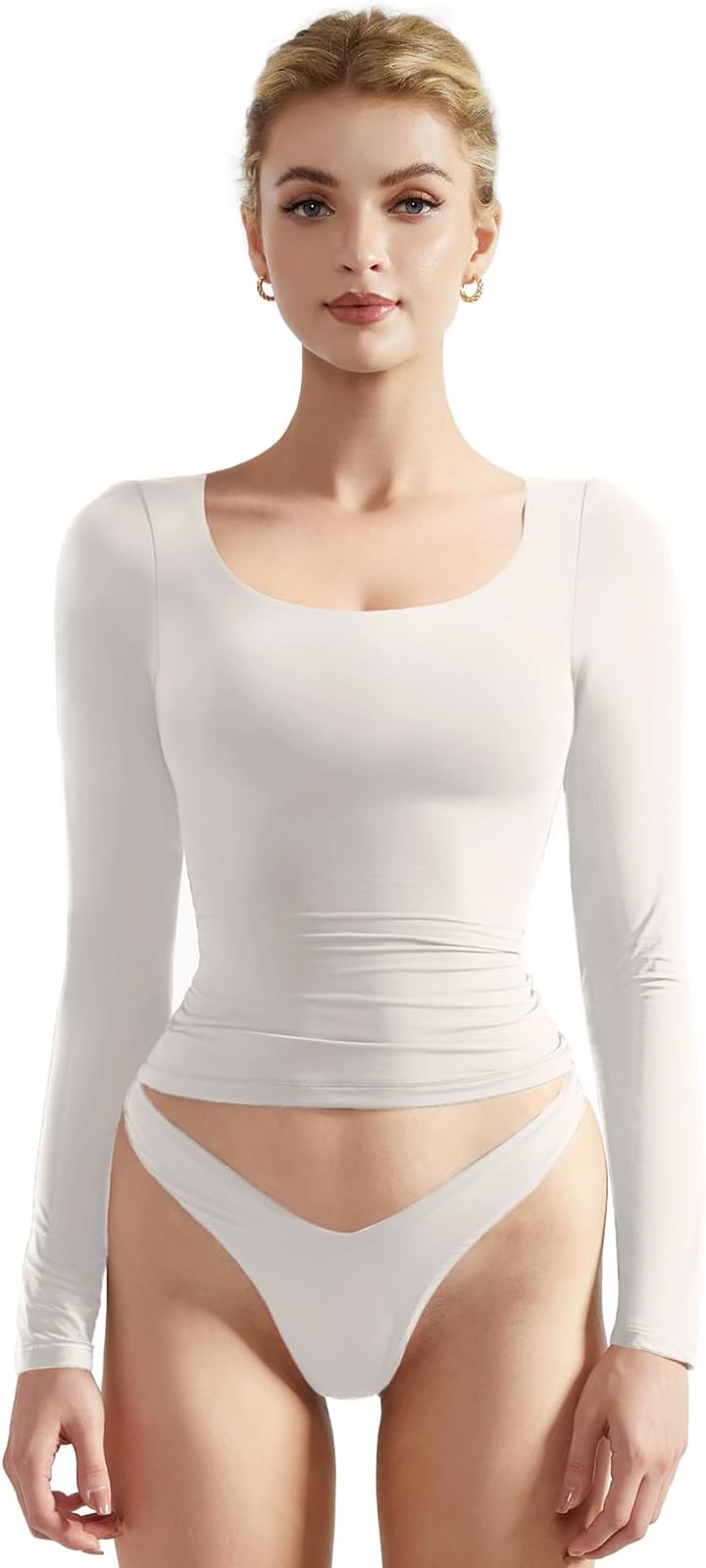 - Women Double Lined Fitted Basic T Shirts Scoop Neck Long Sleeve Crop Top