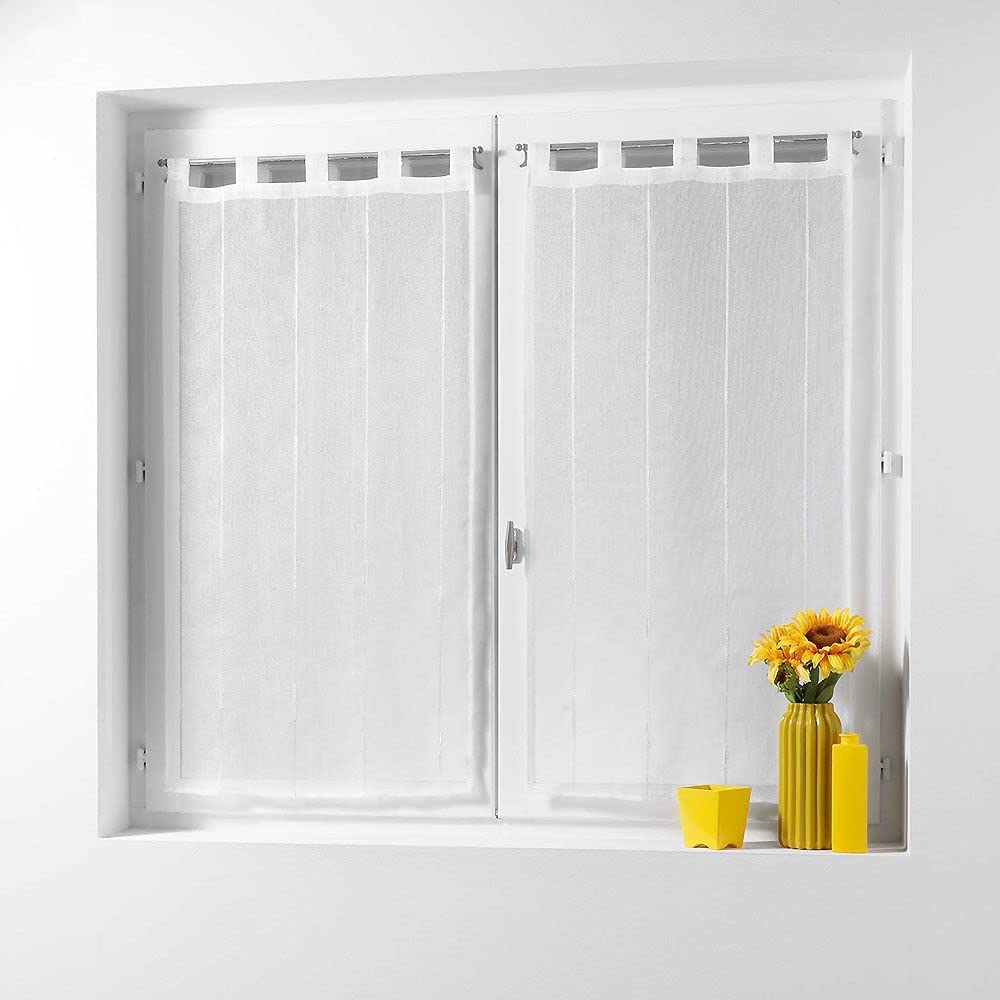 Douceur d'Intérieur, Paire Droite à Passants (2 x 45 x 160 cm) Linahe Blanc, Voile Sablé Fils Chenille