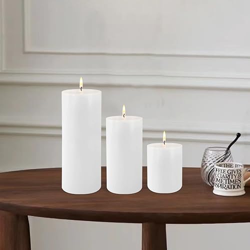 Miniatura 4 de Paquete de 3 velas de pilar blancas sin goteo de 3 x 4, 6, 8 vertidas a mano, velas de soja, no tóxicas, sin perfume, sin humo, para cortes de