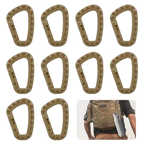 MisFun 10 Piezas Mosquetón de Plástico, Mosqueton Tactico, Mosquetón para Exteriores, Ganchos de Mosquetón, Forma en D Llavero para Bolsa Mochila Camping y Senderism (Caqui)