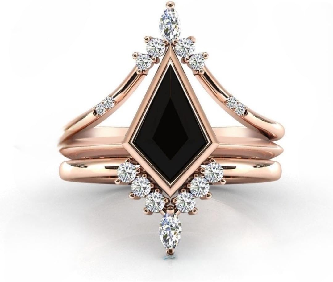 Antique Kite Shaped Natural Gemstone Engagement Ring Set Vintage Gemstons Wedding Ring Set Art Deco 3 piece Bridal Ring Set Anniversary Ring Set