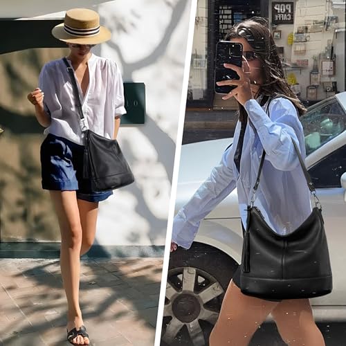 Genuine Leather Hobo Crossbody Bag for Women, Soft Real Leather Bucket, Shoulder Handbag Purse with 2 Removable Strap2