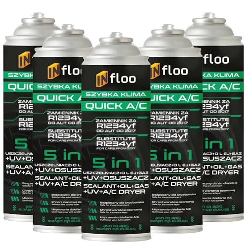 5x INfloo Quick A/C 5in1 R1234yf – Kältemittel Ersatzgas mit Öl, Dichtmittel, UV-Kontrastmittel und Trockner – 205 g für Auto Klimaanlagen ab 2017