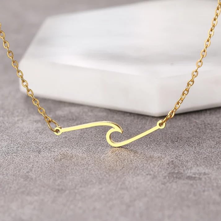 LUSSO 14k Yellow Gold Bohemian Wave Necklace For Women, Silver Cute Surfing Wave Necklace - Minimalist Ocean Wave Necklace, Vintage Wave Pendant Necklace For Summer Holiday Party Birthday Gifts - Image 7