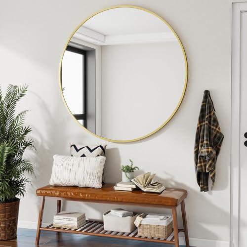 Image of VooBang Large Gold Round Bathroom Mirror, 48 inch Circle Wall Mounted Hanging Mirror with Simple Modern Circular Metal Frame for Hallway, Entryway, Living Room, Gold Frame