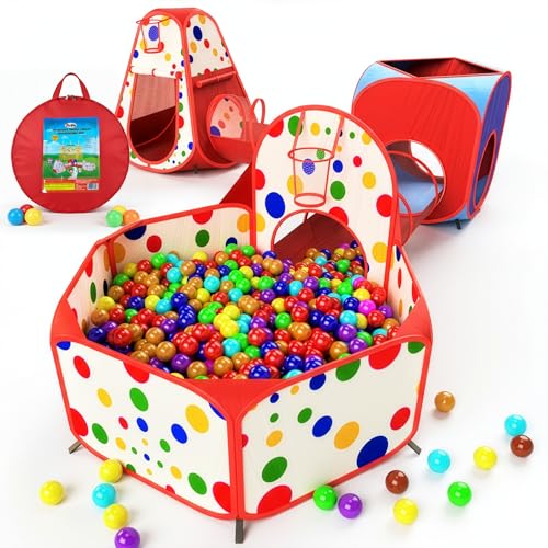 Playz 5-Piece Kids Play Tents Crawl Tunnels and Ball Pit Popup Bounce Playhouse Tent with Basketball Hoop for Indoor and Outdoor Use with Red Carrying Case