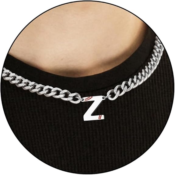 Baseball Necklaces for Boys Stainless Steel Initial Necklace with Letter A-Z 6.5mm Cuban Chain Adjustable Gifts for Men Boys 16+2 Inches