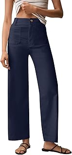 Women Stretch Twill Cropped Jeans Wide Straight Leg Pants with Patch Poc...