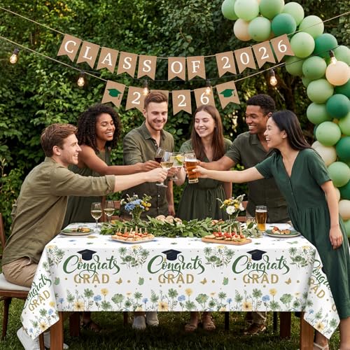Image of Ganeen 3 Pcs Graduation Tablecloth Floral Class of 2026 Congrats Grad Table Cloths Green Disposable Plastic Rectangle Table Cover for 2026 Graduation Decorations Grad Party Supplies, 54 x 108 Inch