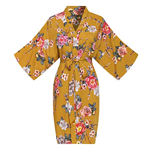 Alhavone Womens Solid Robes Mid-Length Floral Kimono Robe For Bride Bridesmaid Wedding Bridal Party Lounge Sleepwear (Yellow) #TOP15