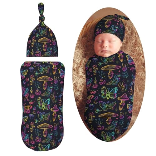 Image of Neon Night Butterflies Mushroom Newborn Swaddle Blankets Hat Sets Soft Baby Receiving Blanket Swaddle Sack for Baby Shower Infant Boy Girl Gift